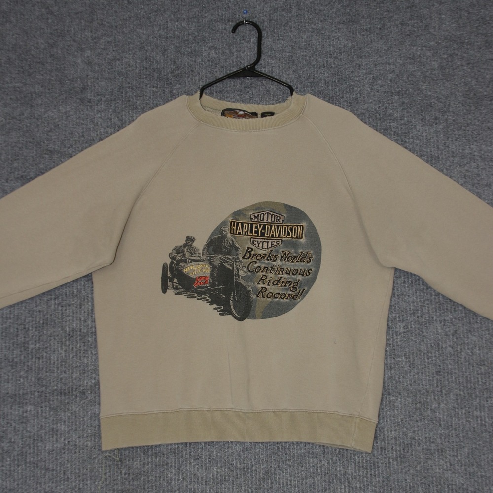 Harley Davidson Motorcycle Sweatshirt Mens L Tan Continuous Riding Record